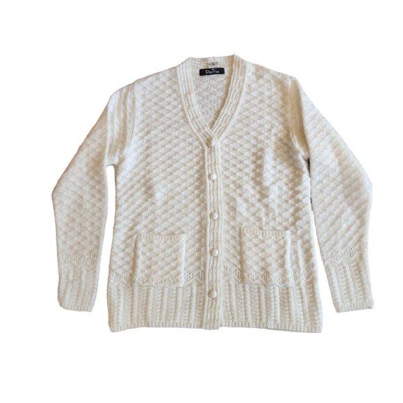 Vintage Portia Sweater Women's Size M White Knit Long Sleeve Button Pockets - Picture 2 of 12